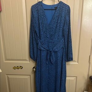 Ann Taylor Blue Leopard Print Long Sleeve Front Tie Wrap Dress